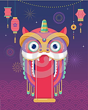 Chinese New Year background, greeting card with a lion dance, red dragon character