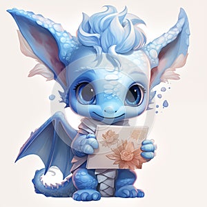 Chinese new year blue dragon cute baby dragon holding a post letter
