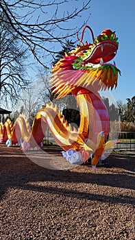 Chinese New Year. Bright red-orange dragon in the park. Traditional Chinese holiday decoration. The dragon`s mouth is open. Long