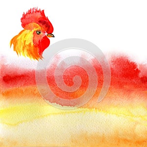 Chinese New Year card Design with red rooster, zodiac symbol of 2017, on watercolor fiery background.