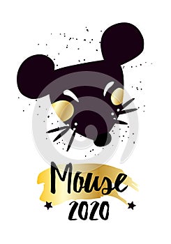 Chinese new year card with head of mouse on white background. Vector