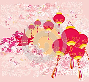 Chinese New Year card - Traditional lanterns and Asian buildings