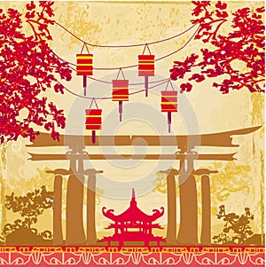 Chinese New Year card - Traditional lanterns and Asian buildings