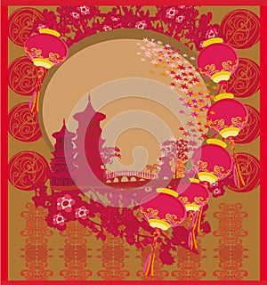 Chinese New Year card - Traditional lanterns and Asian buildings