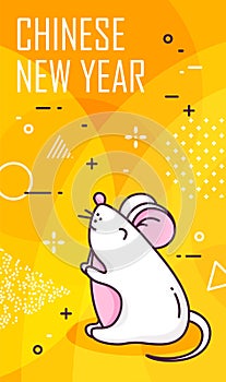 Chinese New Year card with white rat and geometric elements on yellow background. Thin line flat design