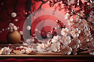 Chinese New Year celebration background with flowers. Asia traditional cultural decoration. Copy space