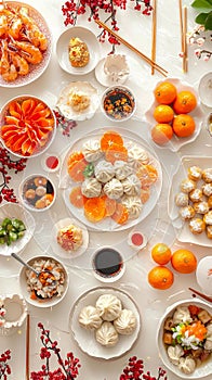 Chinese New Year Celebration with Traditional Dumplings and Fruits on a Festive Table. Concept of Cultural Festival photo