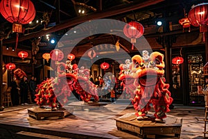 Chinese New Year celebration on a wooden stage with red and gold lanterns, dragon dances, and traditional music