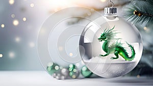 Chinese New Year Christmas glass ball with a green dragon inside hanging on a fir tree branch against light bokeh background.