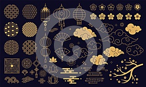 Chinese new year decoration elements, clouds and festive lanterns. Traditional asian patterns and ornaments, sakura