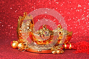Chinese new year decorations and Auspicious ornaments on red bokeh background
