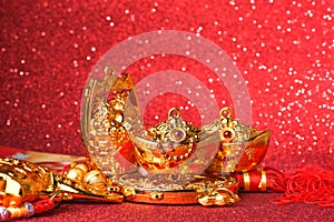 Chinese new year decorations and Auspicious ornaments on red bokeh background