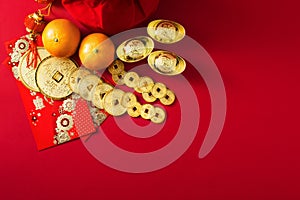 Chinese new year decorations, money bag, Orange, Gold Coins with character meaning, good luck, riches, healthy, honour, happiness