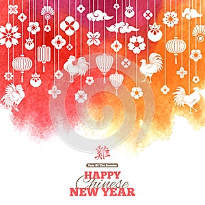 Chinese New Year, Decorations on Watercolor Background