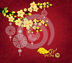 Chinese New Year design. Dog with plum blossom in traditional chinese background. hieroglyph: Dog