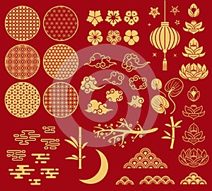 Chinese new year elements. Festive asian ornaments, patterns in oriental style. Clouds, moon and bamboo, sakura and photo