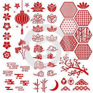 Chinese new year elements. Festive oriental asian style. Red cloud, flowers and moon, bamboo and sakura, lotus leaves