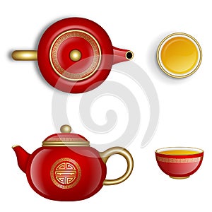 Chinese new year elements. red and gold isolated chinese teapots and cups of tea. top and side view