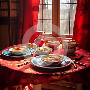 Chinese New Year Feast on Red Plates