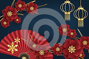 Chinese New Year festival banner design with red folding fans with golden lantern and flower branches on dark blue background for