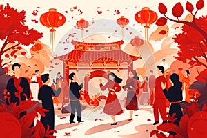 Chinese New Year festival with lanterns and people celebration in flat design style. Generative ai