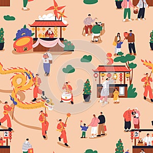 Chinese New Year festival, seamless pattern design. Street market in Chinatown, booths, lanterns, festive dragon photo