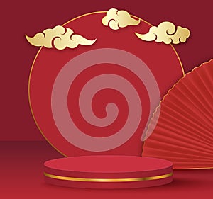 Chinese new year, Golden podium display mockup on red abstract background with hand paper fan cloud chinese pattern for produc