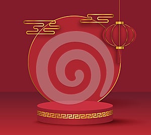 Chinese new year, Golden podium display mockup on red abstract background with hand paper lantern cloud chinese pattern