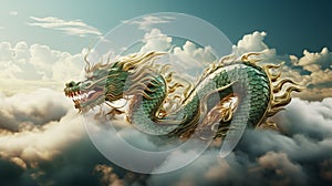 Chinese New Year Green Wooden Dragon flying through the clouds.
