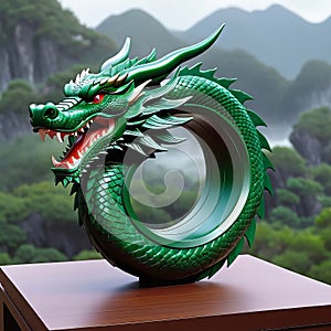 Chinese New Year greeting card, Chinese green wooden dragon on elegant background, Chinese New Year