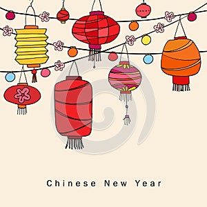 Chinese new year greeting card, invitation with string of hand drawn red lanterns. Asian party decoration. Vector photo