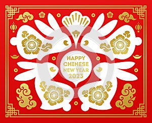 Chinese new year greeting card with lunar zodiac symbol of rabbit for traditional chinas holiday spring festival. Cute bunnies