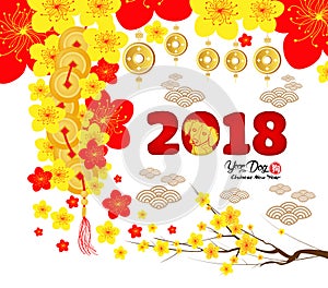 2018 Chinese New Year Greeting Card, Paper cut with Yellow Dog and Sakura Flowers Background hieroglyph: Dog