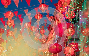 Chinese new year lanterns in chinatown.Text mean happiness and g