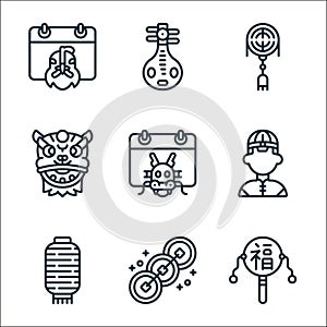 chinese new year line icons. linear set. quality vector line set such as drum, coins, lantern, boy, dragon, dragon,  , guitar