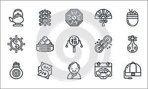 chinese new year line icons. linear set. quality vector line set such as hat, buddha, coins, snake, yin yang, yin yang, coins, fan