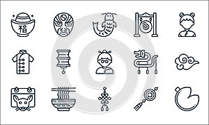 chinese new year line icons. linear set. quality vector line set such as cookie, knot, year, decoration, noodles, outfit, dragon,