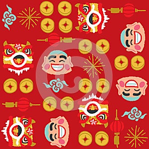 Chinese New Year Lion Dancing vector pattern