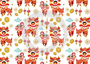 Chinese New Year Lion Dancing vector pattern