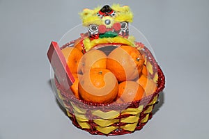 Chinese New Year mandarin oranges in basket decorate with Chinese dragon, Spring festival,ang pao