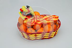 Chinese New Year mandarin oranges, fruits basket with Chinese dragon, Lunar new year, Spring festival