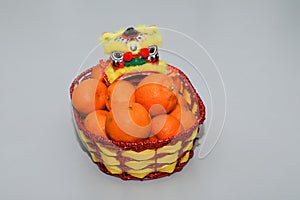 Chinese New Year mandarin oranges, fruits basket with Chinese dragon, Lunar new year, Spring festival