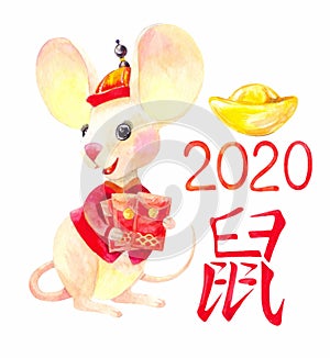 Chinese new year of mouse. 2020 watercolor illustration. Gold rat character in red costume