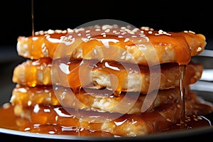 Chinese new year nian gao rice cakes with slice cut out, cultural significance and sticky texture