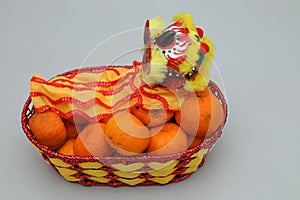 Chinese New Year, orange fruit basket with Chinese Dragon close up