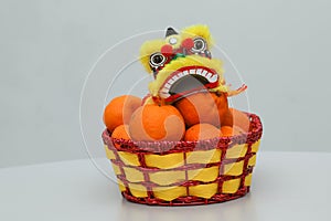 Chinese New Year, orange fruit basket with Chinese Dragon front view close up