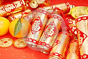 Chinese new year ornament--gold ingot,firecrackers,orange,golden coin,Chinese calligraphy