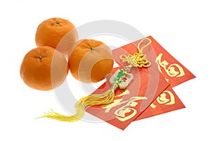 Chinese New Year ornament, oranges and red packets photo