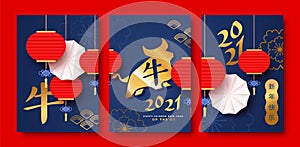 Chinese New Year ox 2021 blue paper cut card set