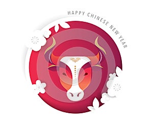 Chinese new year 2021 year of the ox, red cow, Chinese zodiac symbol. Vector background with traditional oriental